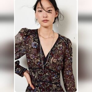Ba&Sh Gigi Dress Size Large Sheer Midi Long sleeve V Neck Floral Black Blue NWT